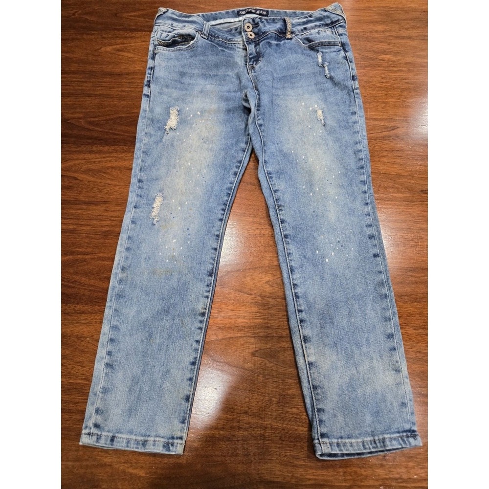 Amethyst Jeans Distressed Light Wash Stretch‎ Straight Denim Blue Jeans 13-short